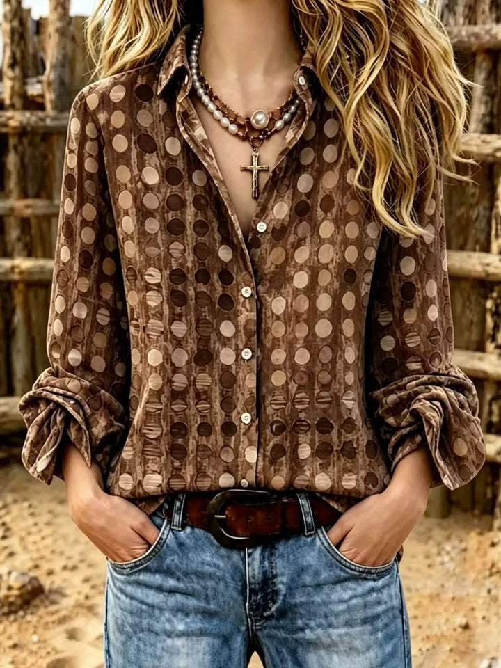 Circle pattern rolled sleeves plus size in brown, front view