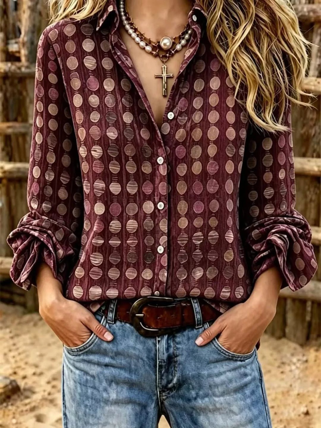 Circle pattern rolled sleeves plus size in burgundy, front view