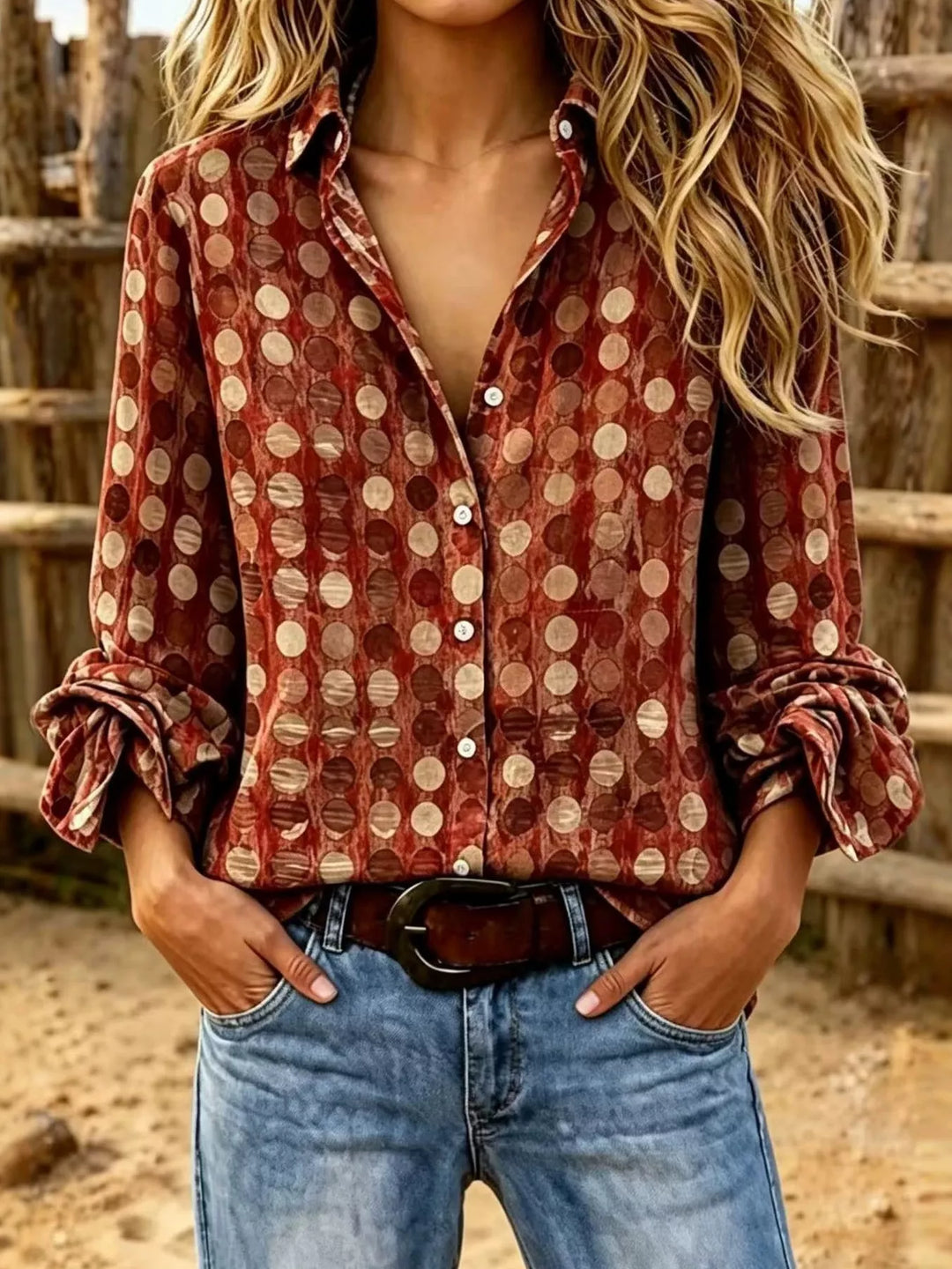 Circle pattern rolled sleeves plus size in rust, front view
