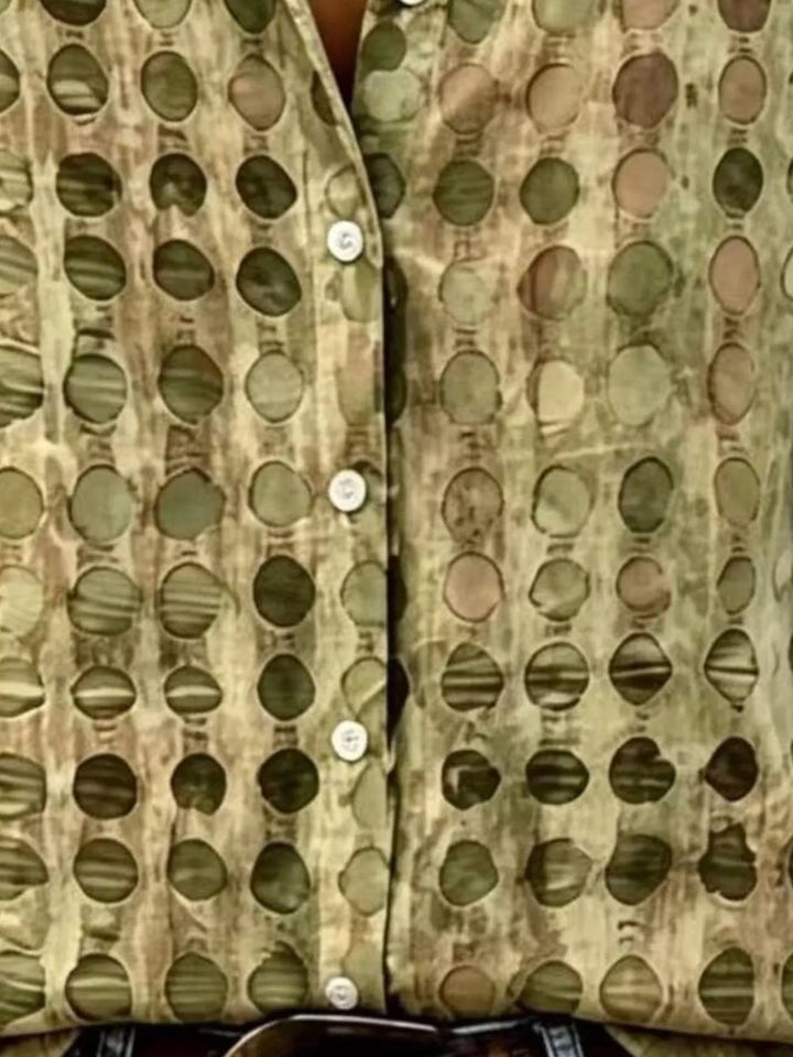 Circle pattern rolled sleeves plus size in yellow-green, close-up detail