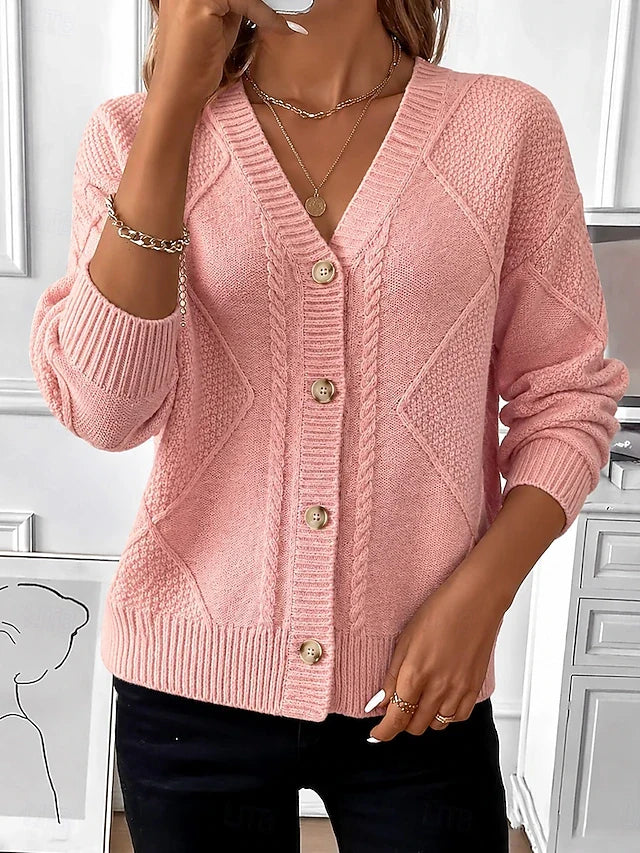 Women's cable knit cardigan in pink, button up v-neck sweater