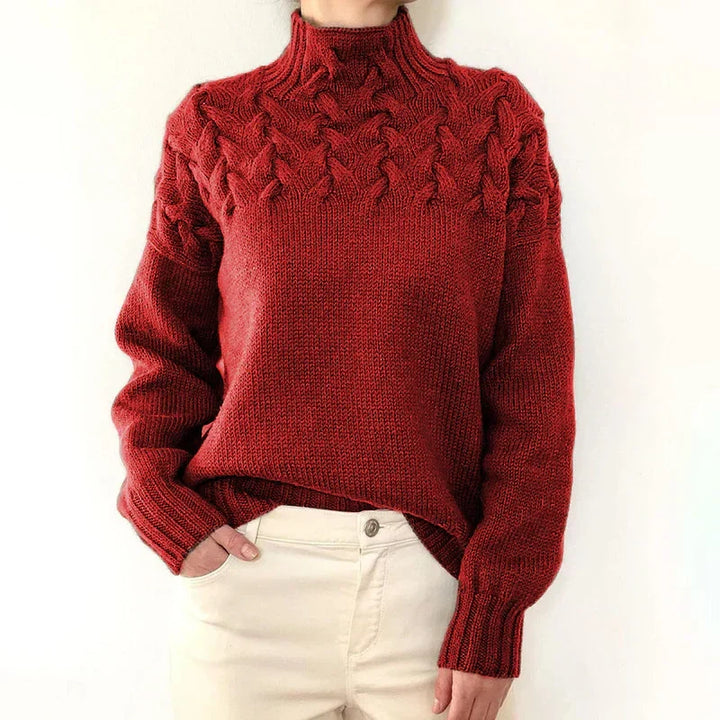 Women's cable knit sweater in red, mock neck relaxed fit