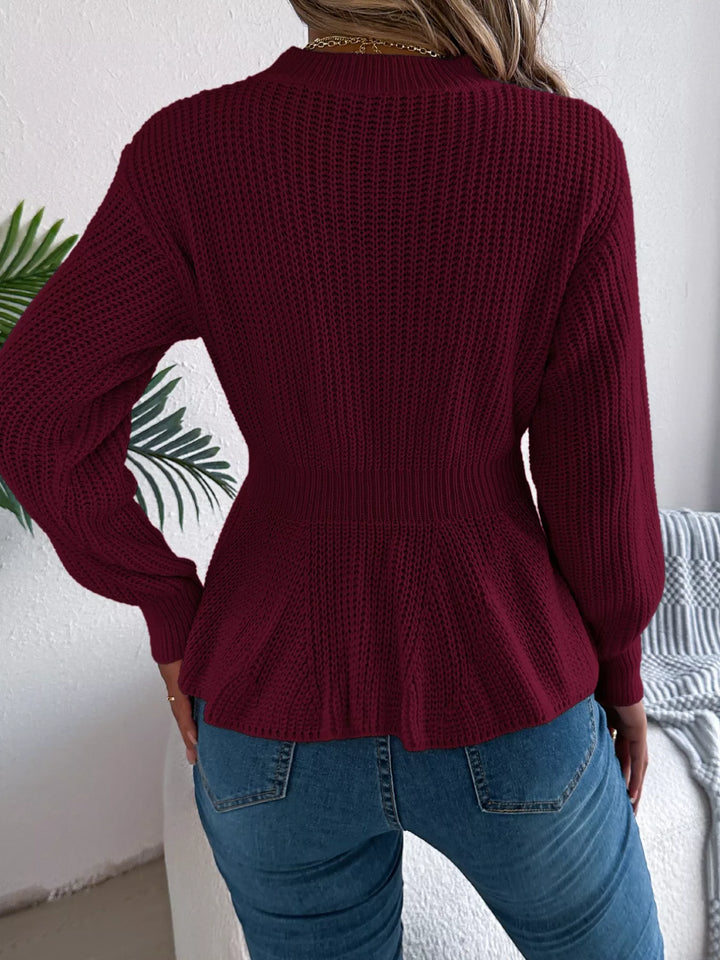 Back view of the burgundy peplum ruffle sweater