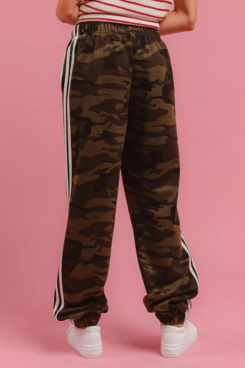 Back view of camo pants with white stripes and elastic waist
