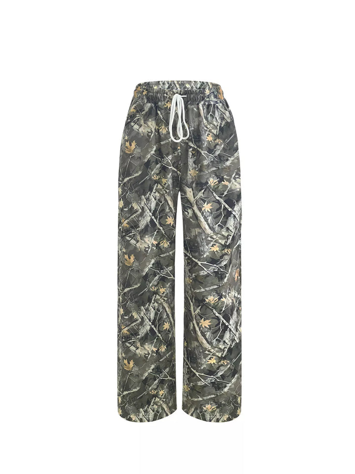 Camo drawstring pants laid flat, full front view