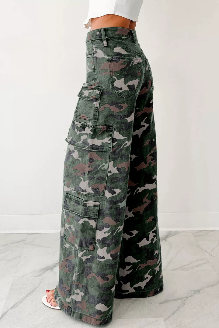 Side view of the green camo cargo pants showing the large pocket and long leg