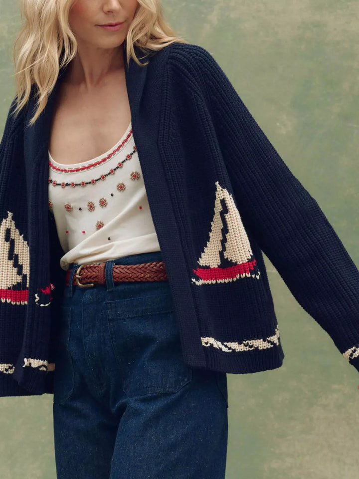 Women's cardigan in navy, chunky knit shawl collar open front with sailboat design