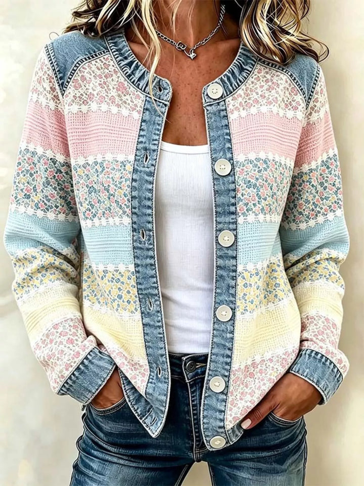 Women's cardigan in pastel multi with floral stripes and denim trim, button front