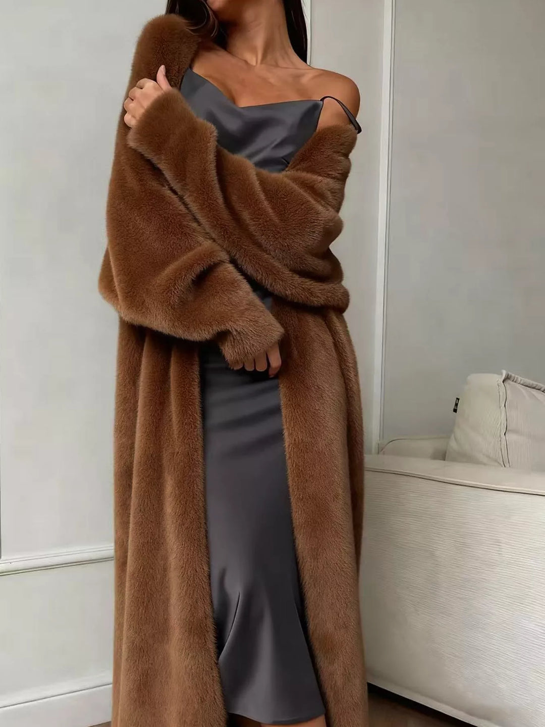 Women's cardigan in chocolate, fuzzy longline open front with dropped shoulder over a satin slip dress