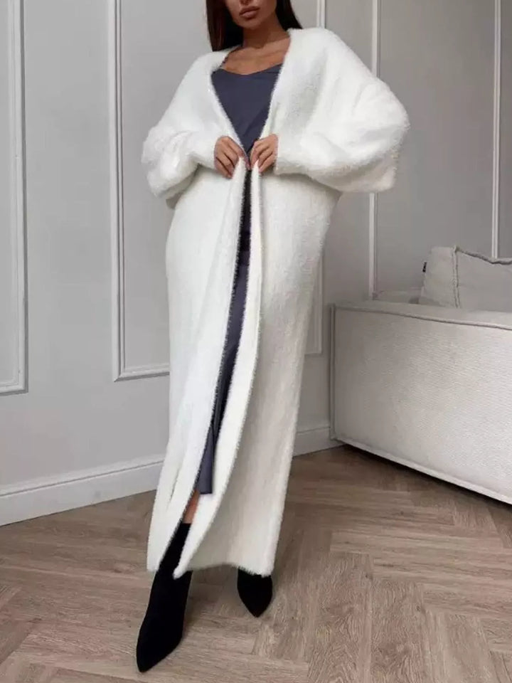 Ivory fuzzy longline open front cardigan full length with black boots