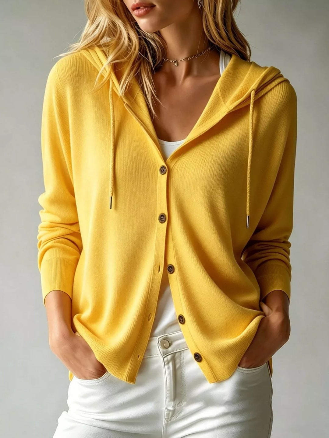 Yellow hooded button front V neck cardigan, front view with hands in pockets