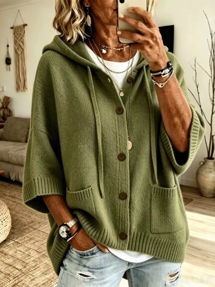 Women's olive green hooded cardigan with button front and batwing sleeves