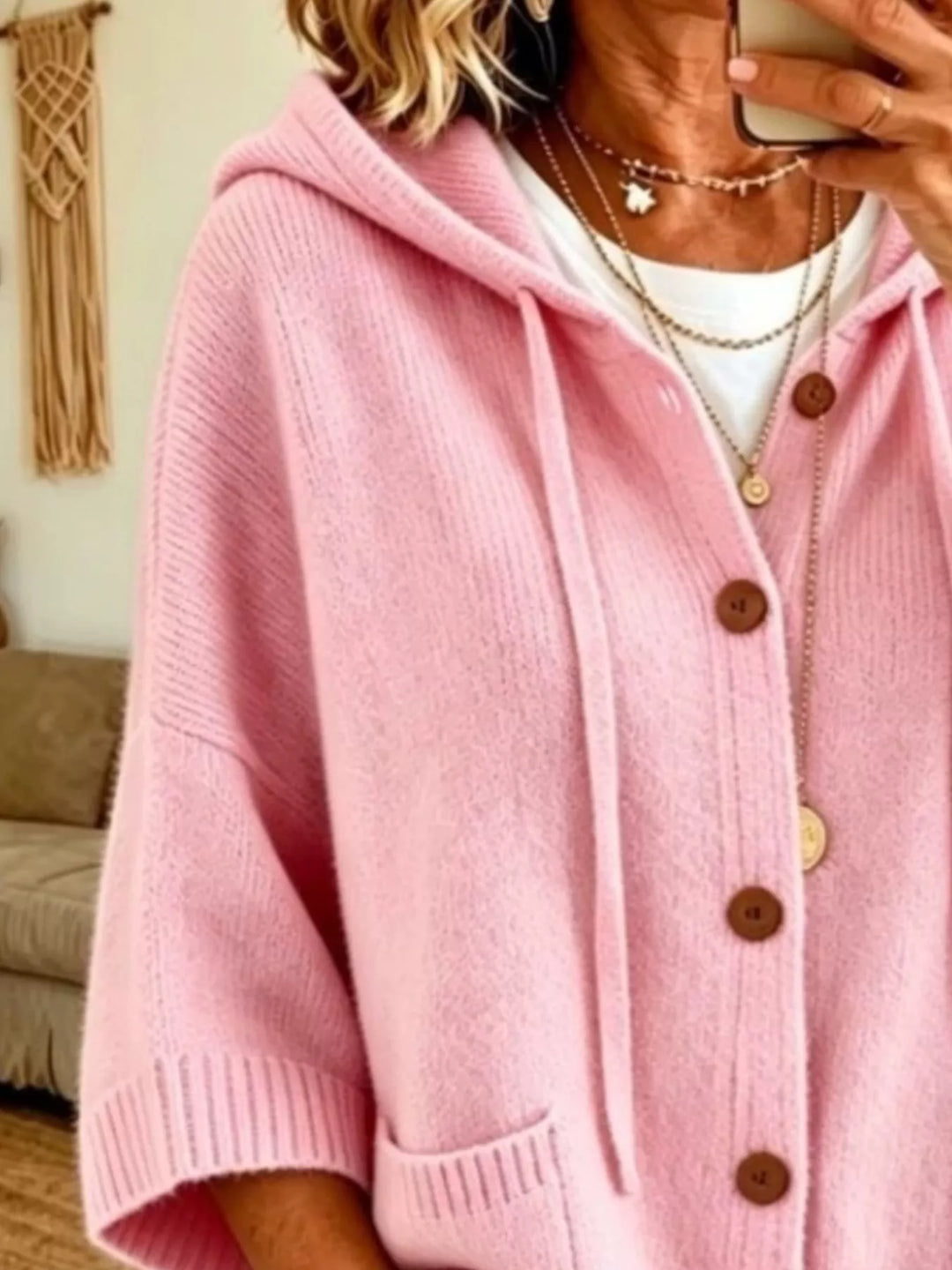 Pink batwing sleeve cardigan close-up of the hood and buttons