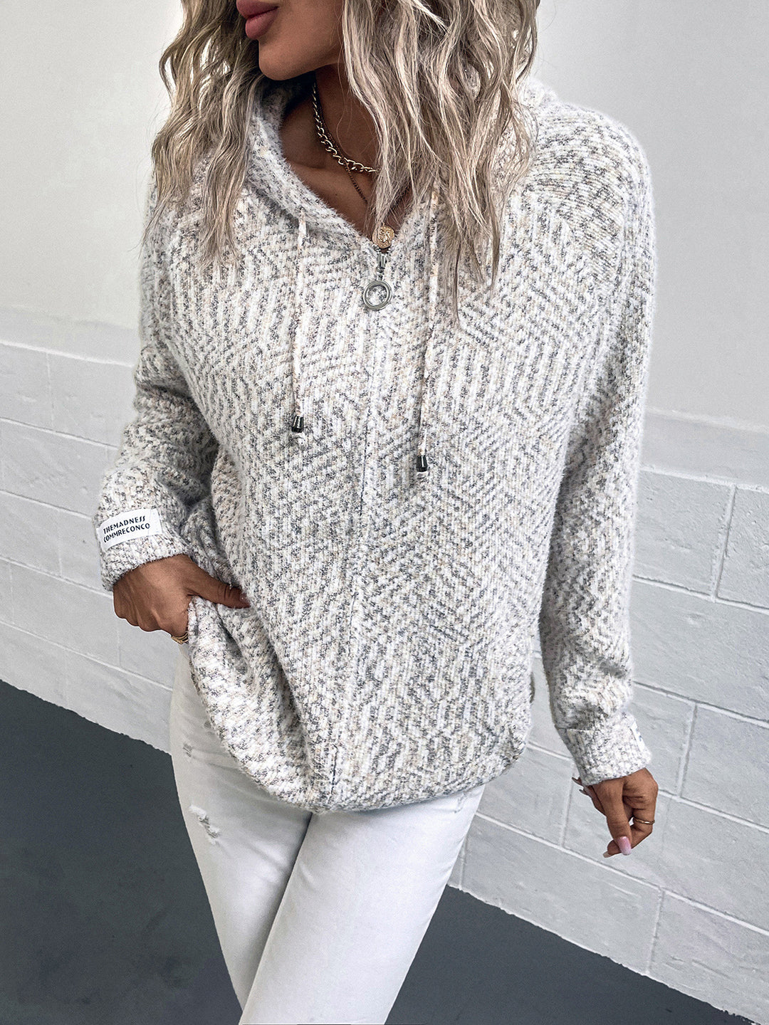 Beige speckled knit cardigan zipped with hood and drawstring