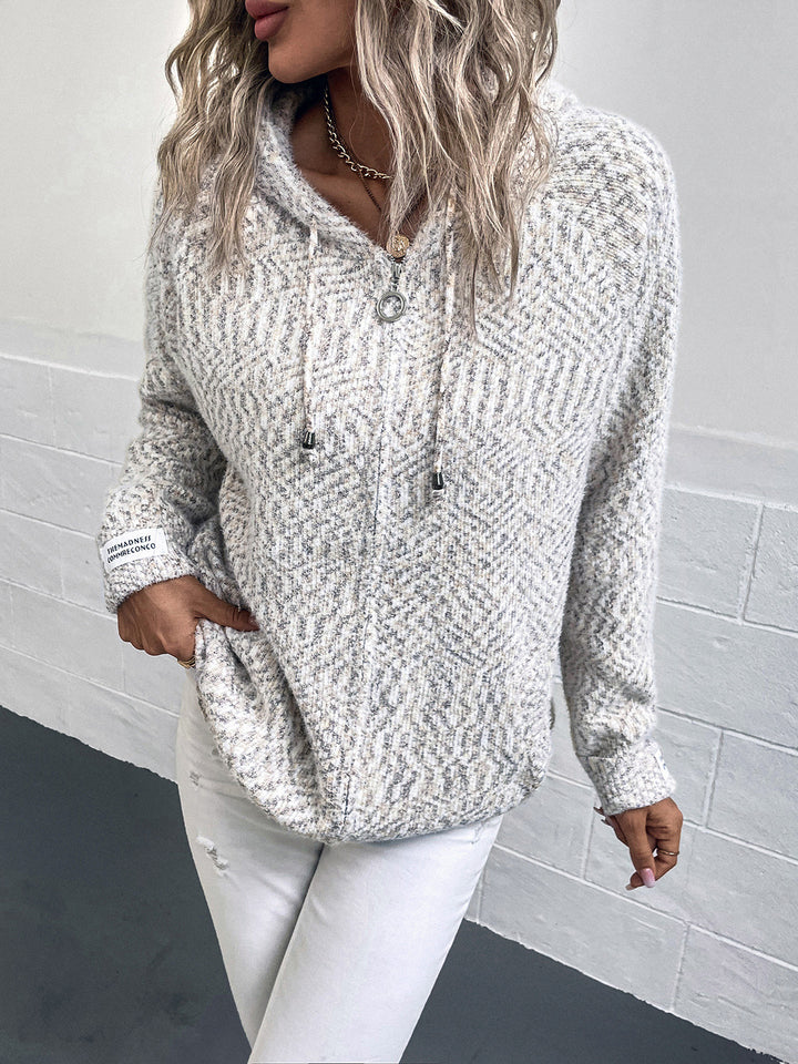Beige speckled knit cardigan zipped with hood and drawstring