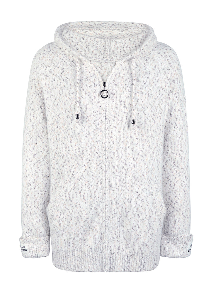 White hooded zip cardigan laid flat showing drawstring and cuffs