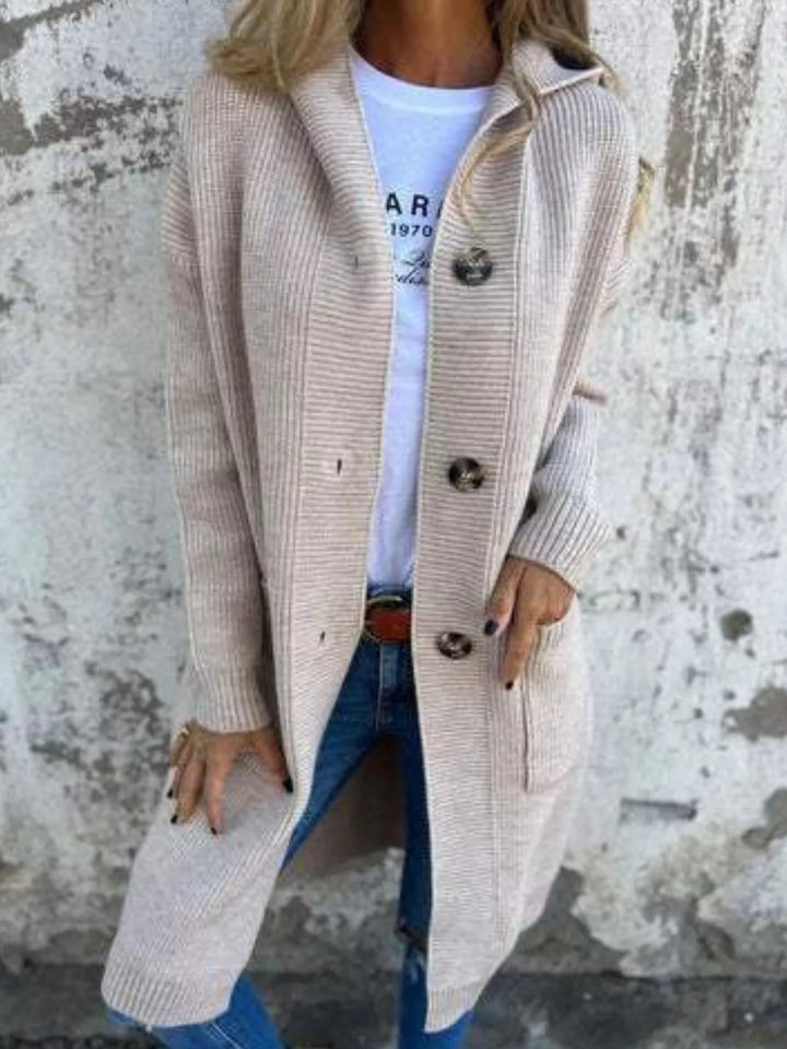 Women's cardigan in oatmeal, long hooded button front chunky knit worn with jeans