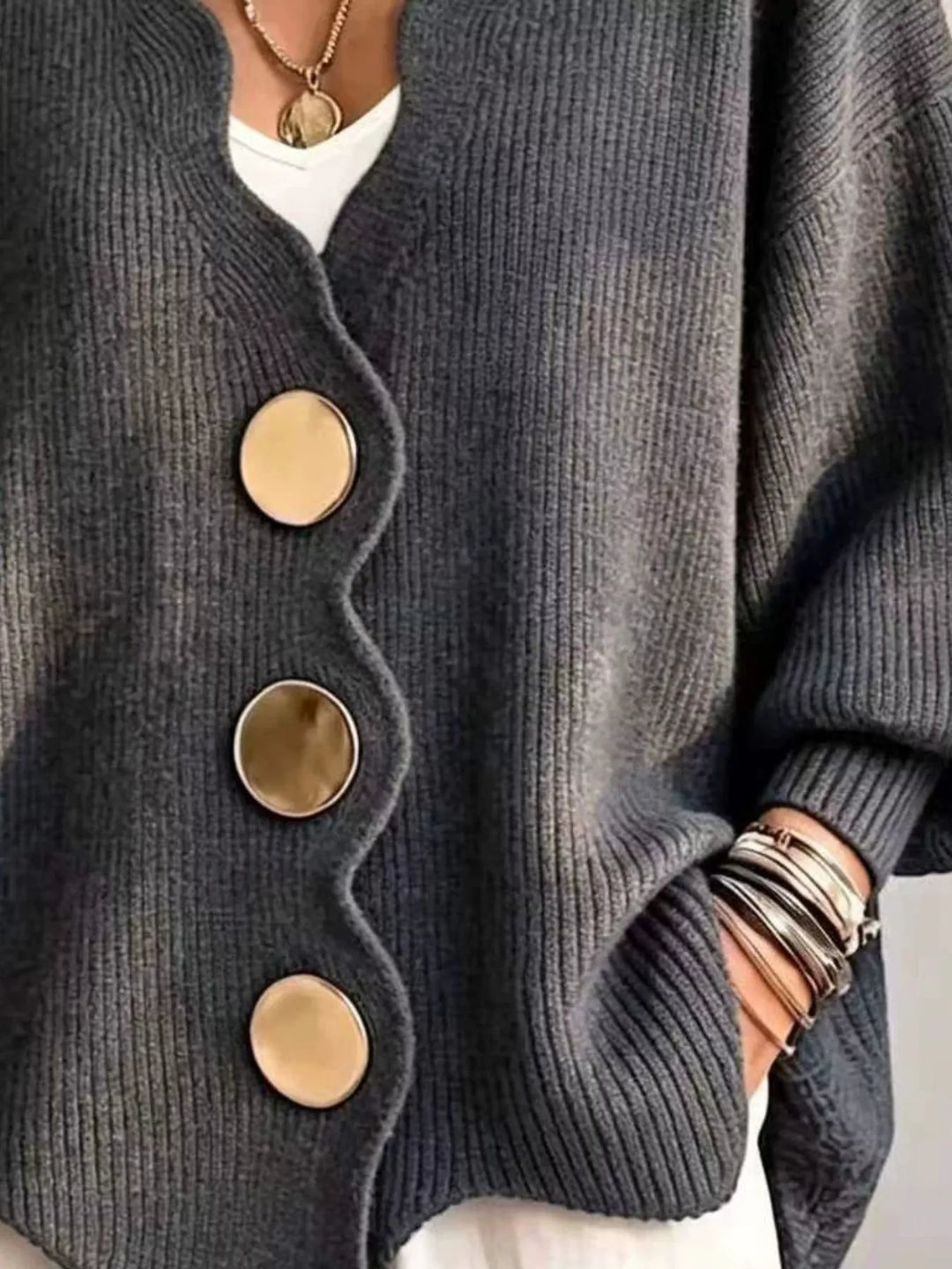 Charcoal cardigan button front and scalloped hem, hand in pocket detail
