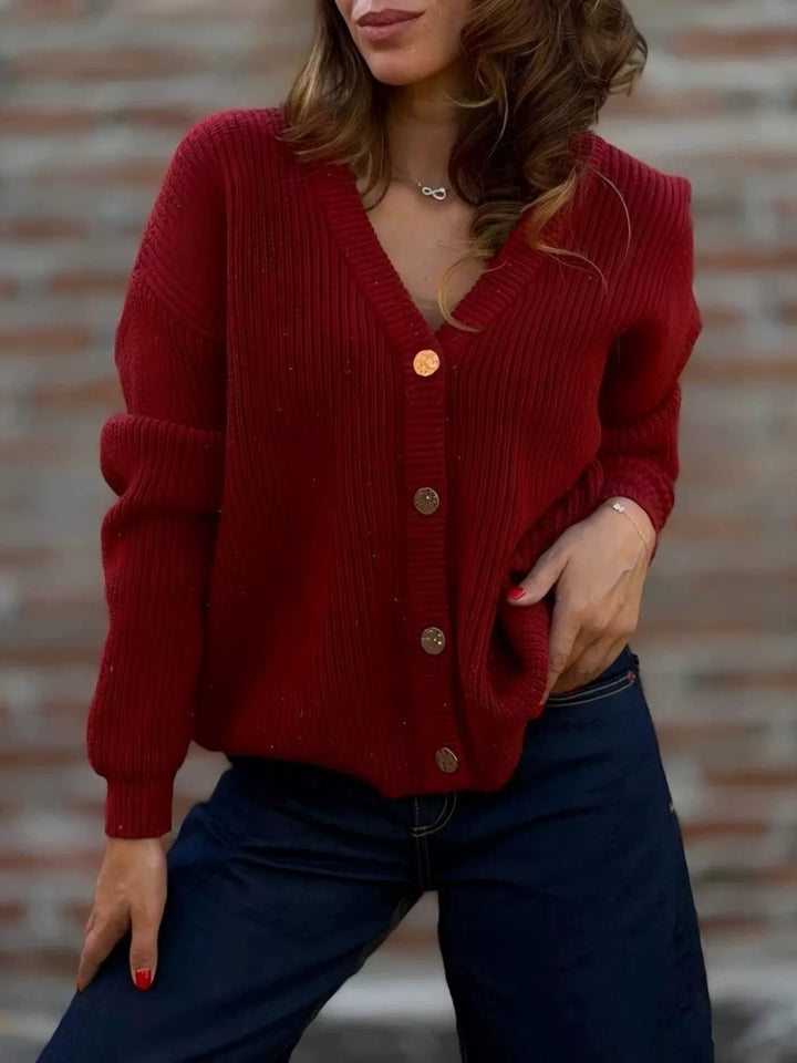 Burgundy ribbed V neck button up cardigan, front view