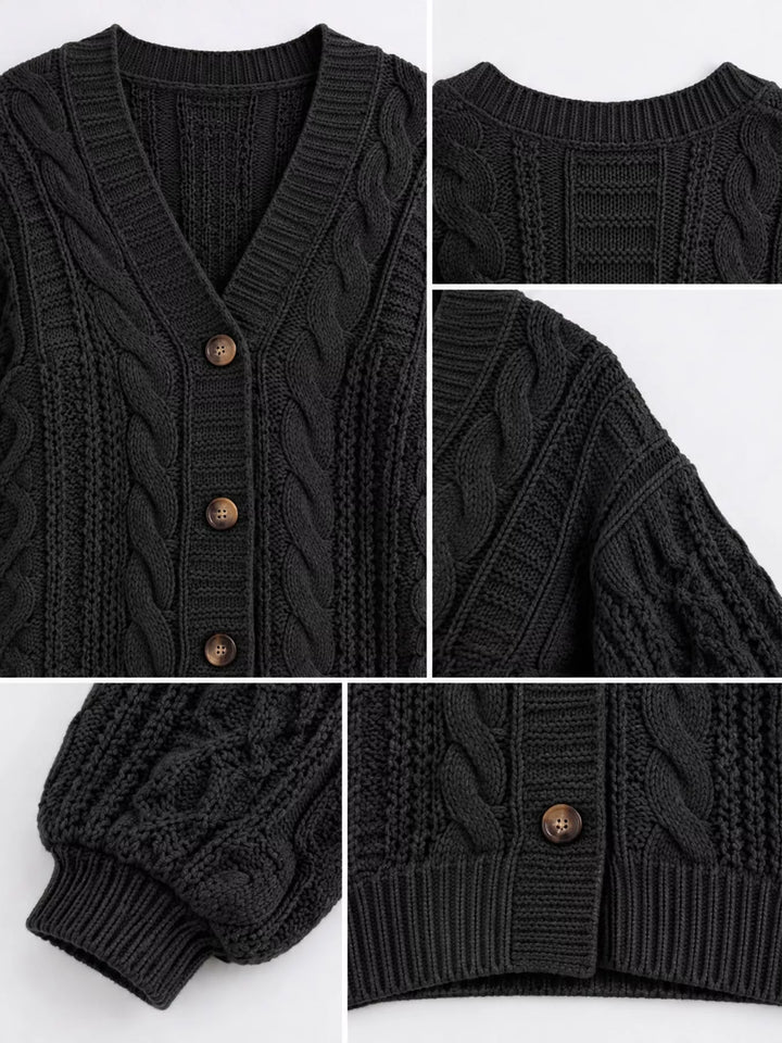 Chunky cable knit button front v-neck in black, close-up detail