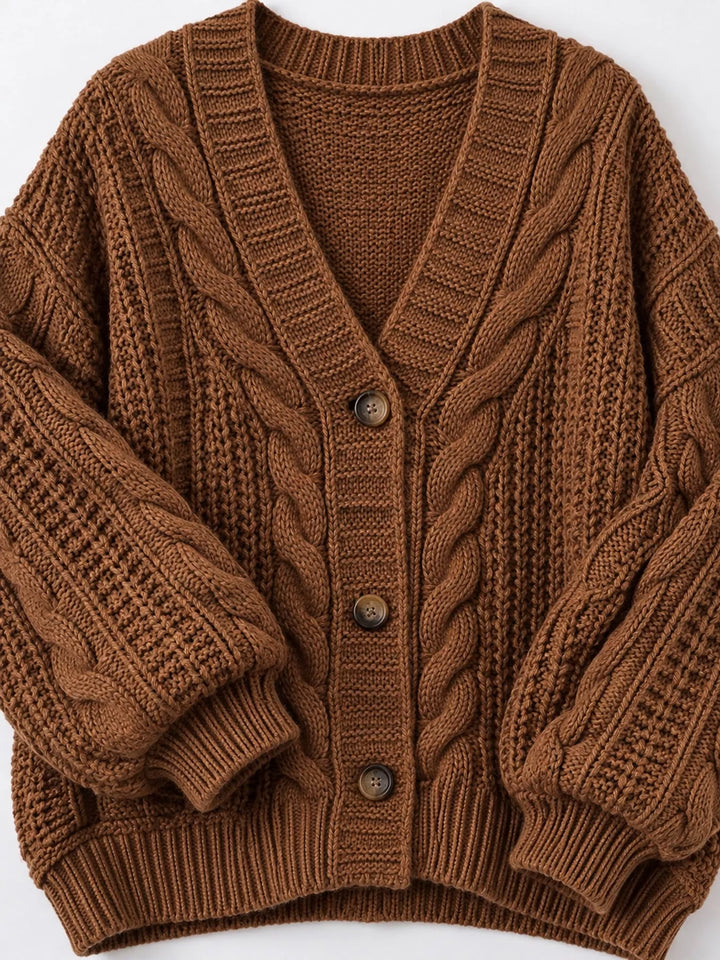 Chunky cable knit button front v-neck in dark brown, close-up detail