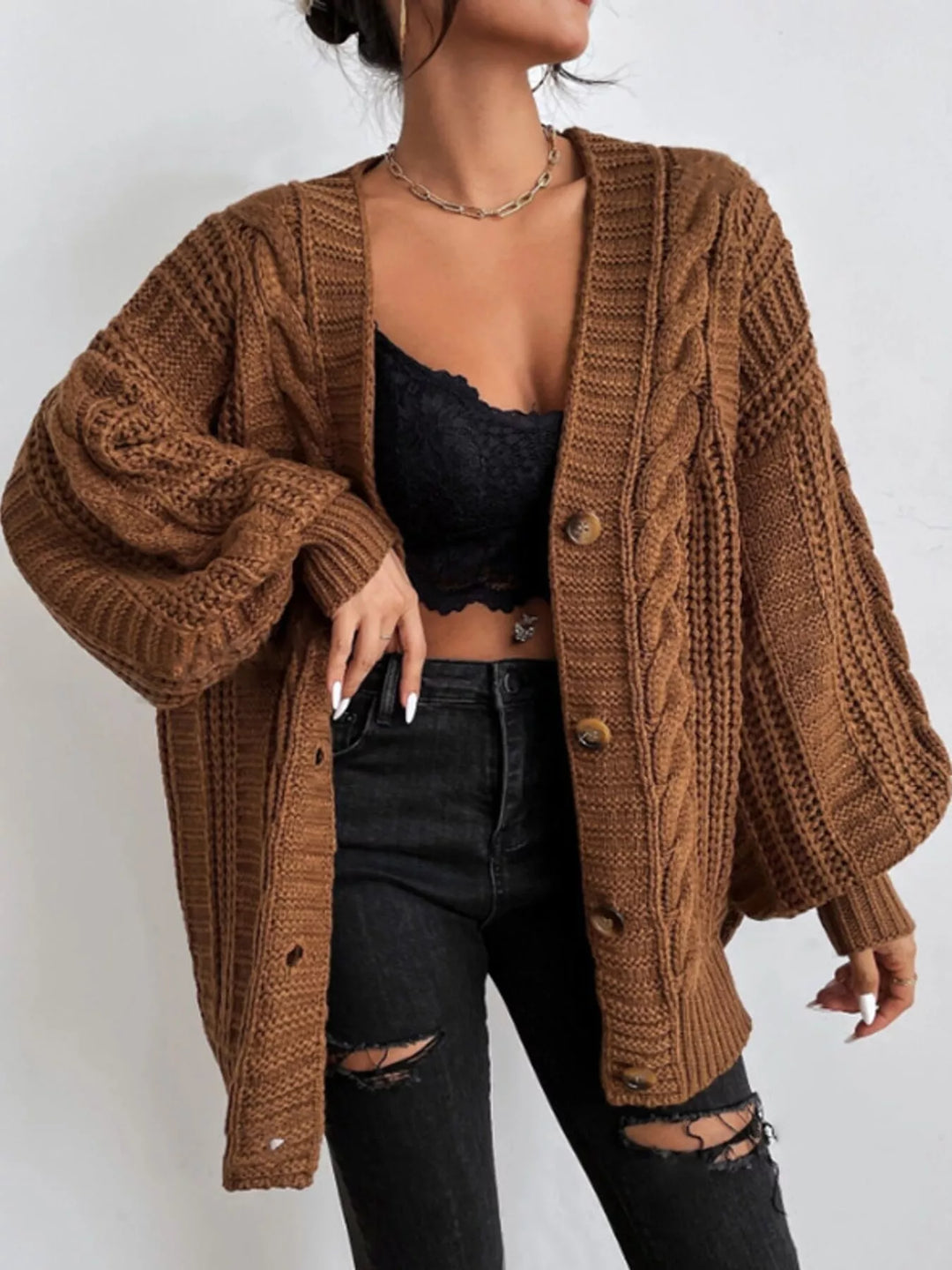 Women's cardigan sweater in dark brown, chunky cable knit button front v-neck