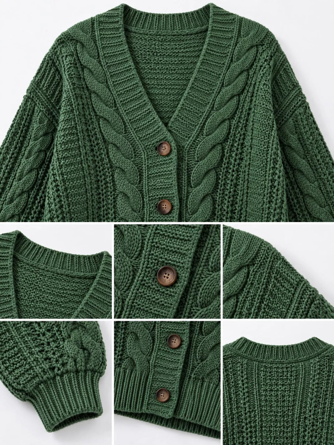 Chunky cable knit button front v-neck in green, close-up detail