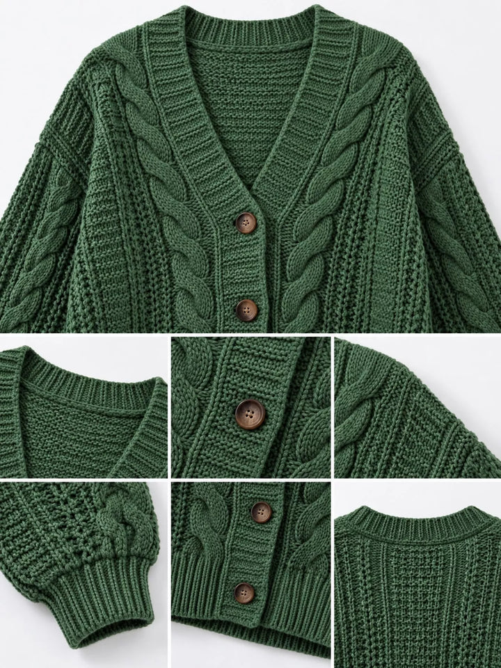 Chunky cable knit button front v-neck in green, close-up detail