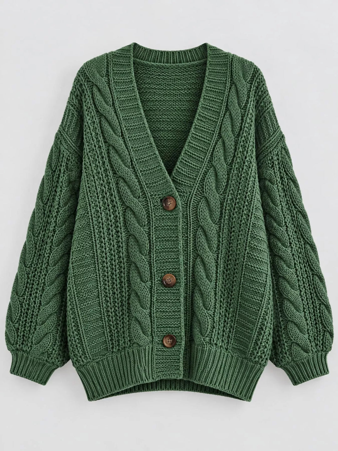 Chunky cable knit button front v-neck in green, flat lay