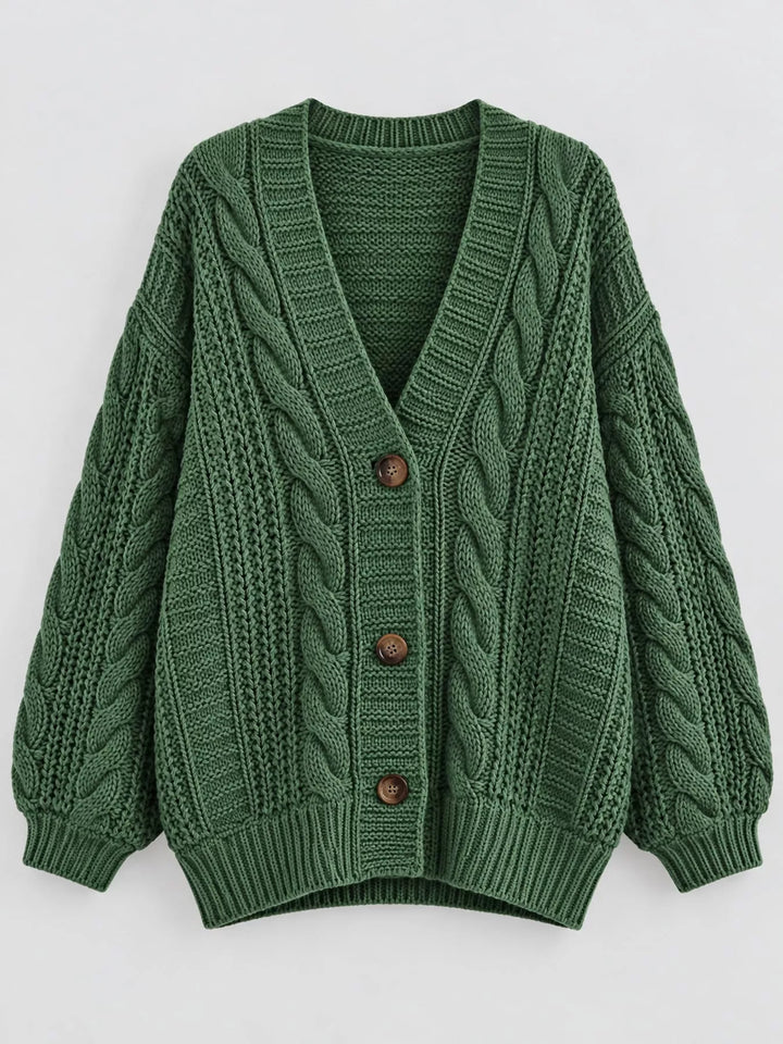 Chunky cable knit button front v-neck in green, flat lay