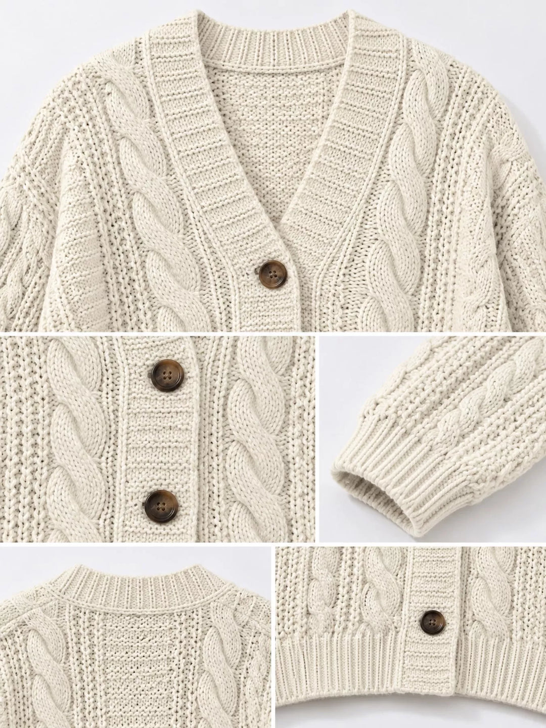 Chunky cable knit button front v-neck in off-white, close-up detail