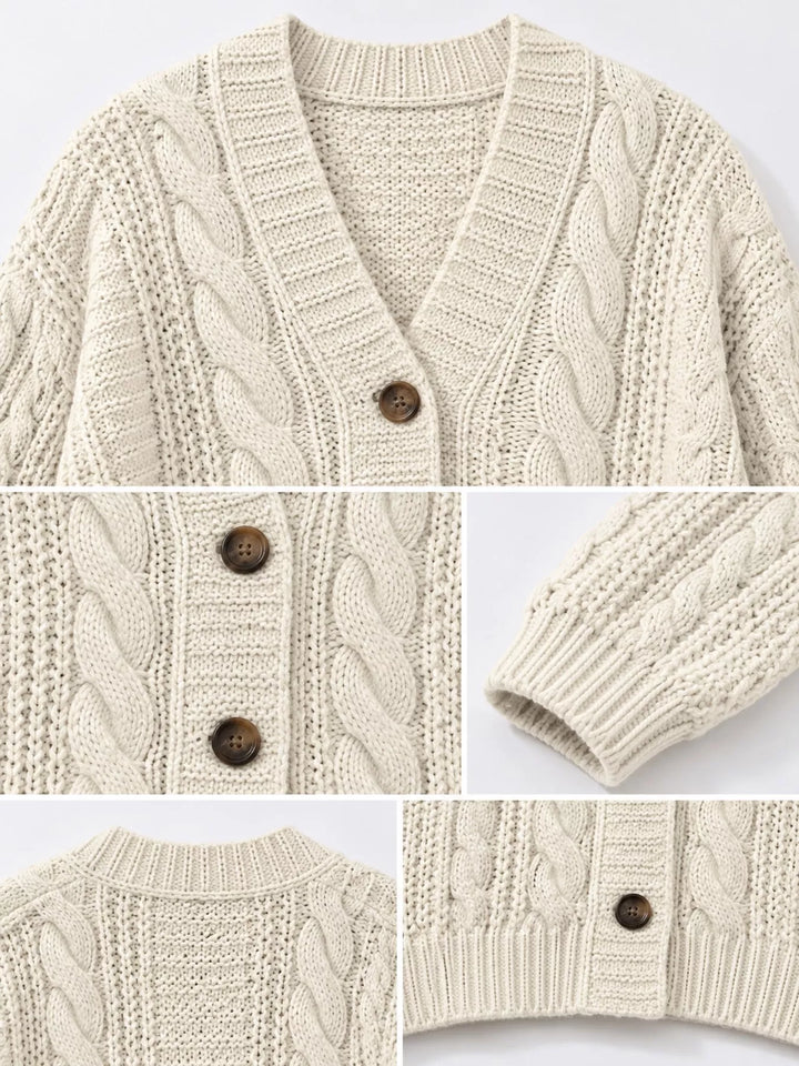 Chunky cable knit button front v-neck in off-white, close-up detail