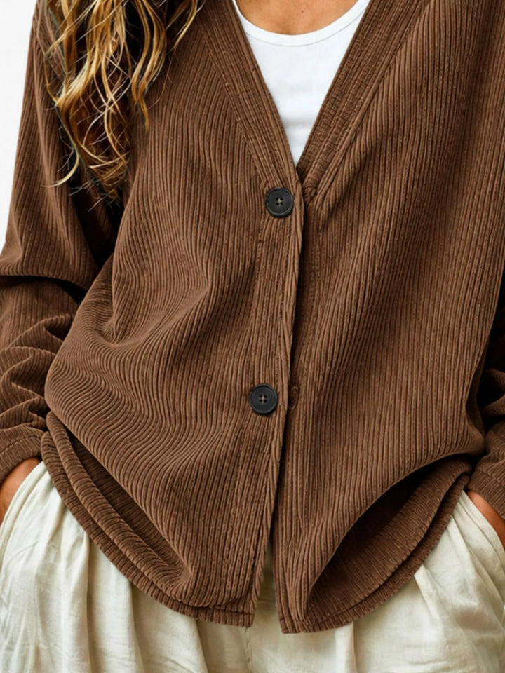 Corduroy-look ribbed v-neck button up in brown, close-up detail