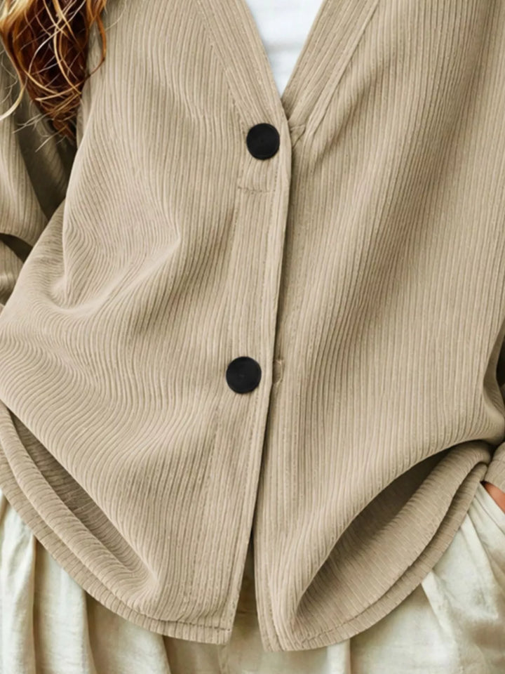 Corduroy-look ribbed v-neck button up in khaki, close-up detail