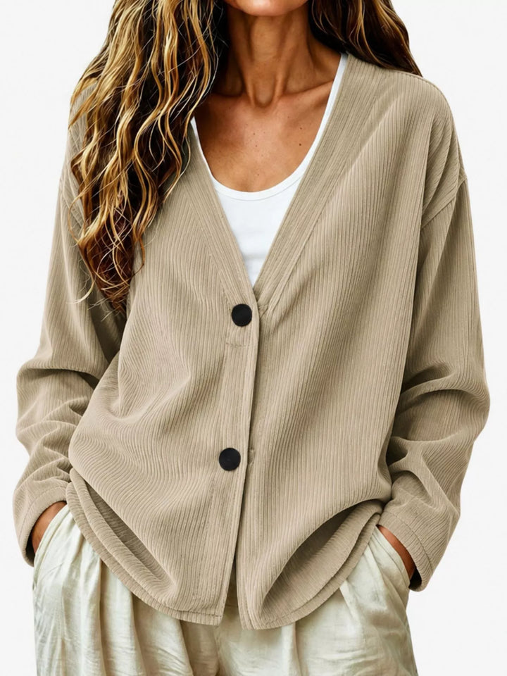 Women's cardigan sweater in khaki, corduroy-look ribbed v-neck button up
