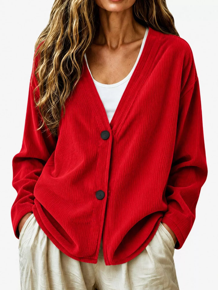 Corduroy-look ribbed v-neck button up in scarlet, front view