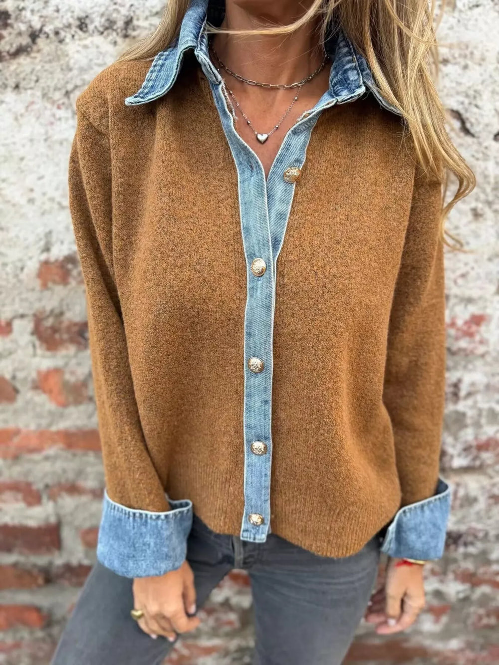 Denim-look collar placket cuffs in caramel, styled on model