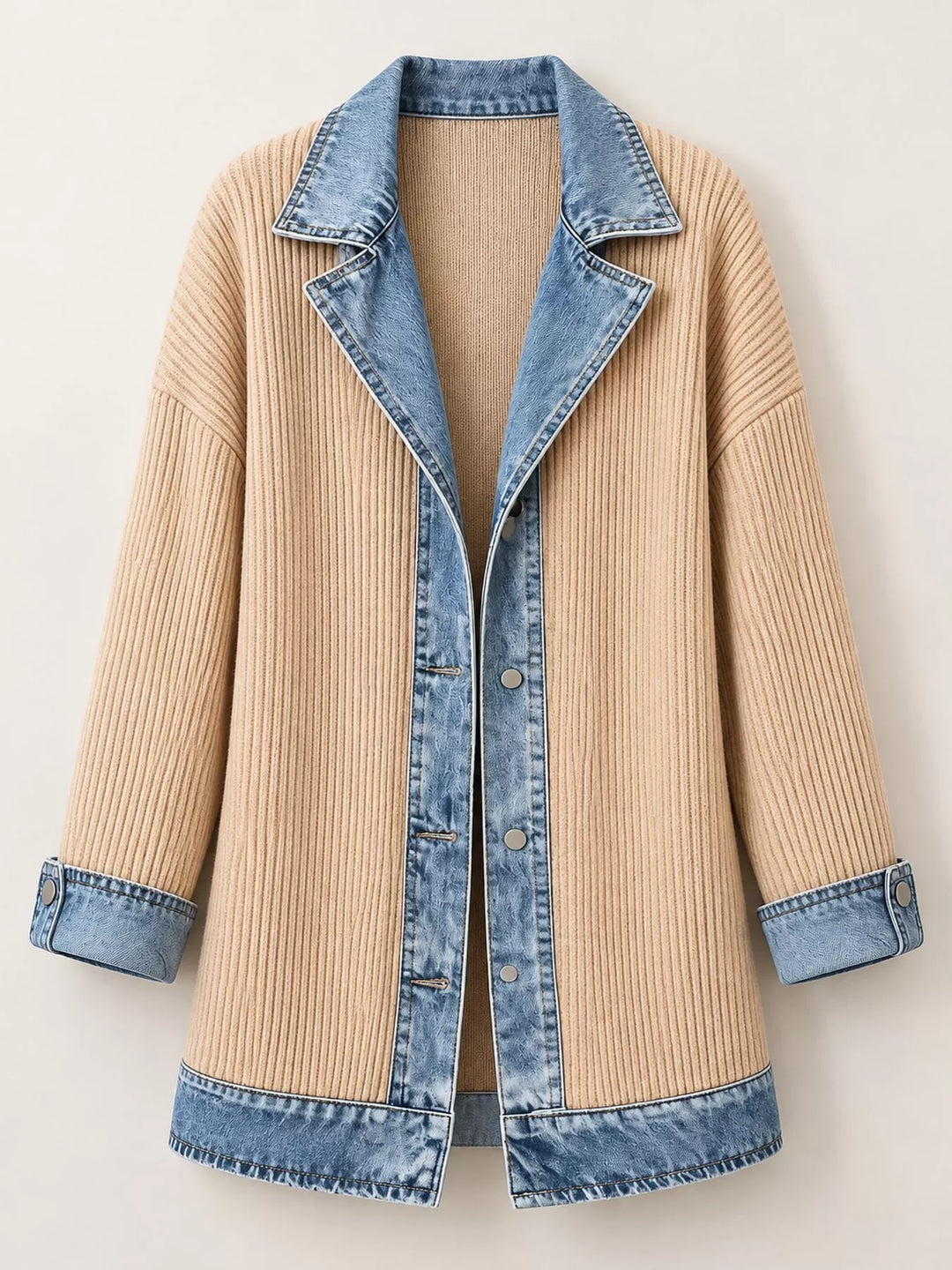 Denim-look lapel ribbed knit in apricot, flat lay