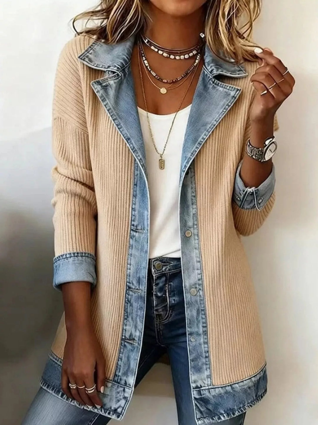 Denim-look lapel ribbed knit in apricot, front view