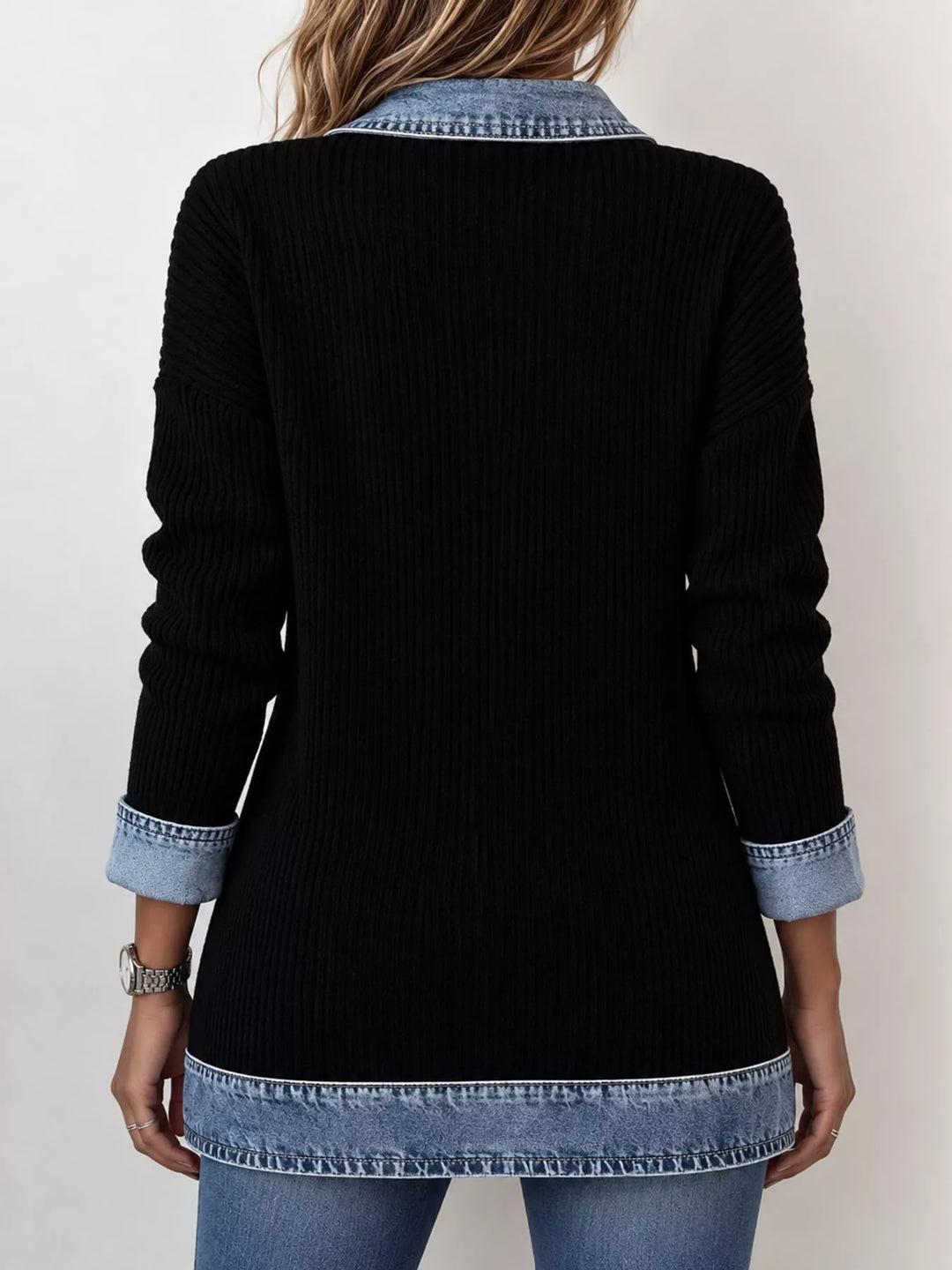 Denim-look lapel ribbed knit in black, back view
