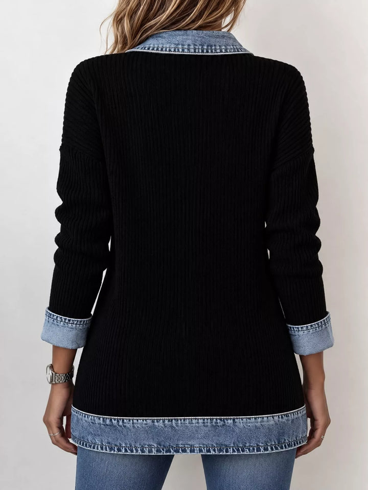 Denim-look lapel ribbed knit in black, back view