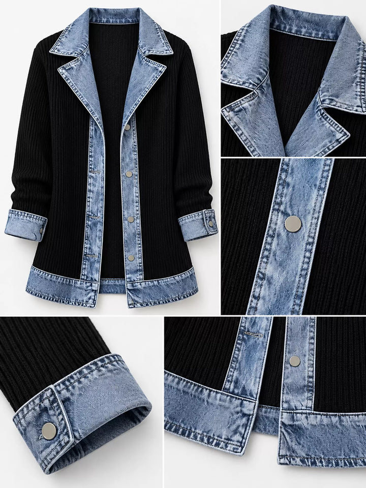 Denim-look lapel ribbed knit in black, close-up detail