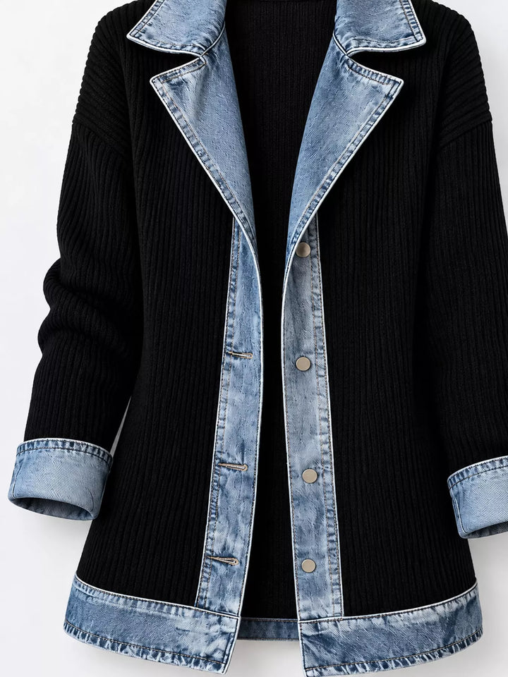 Denim-look lapel ribbed knit in black, flat lay 2