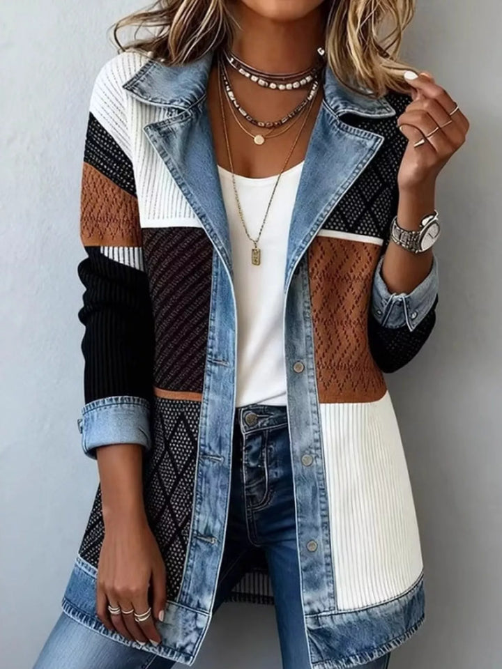 Denim-look lapel ribbed knit in colorblock, front view