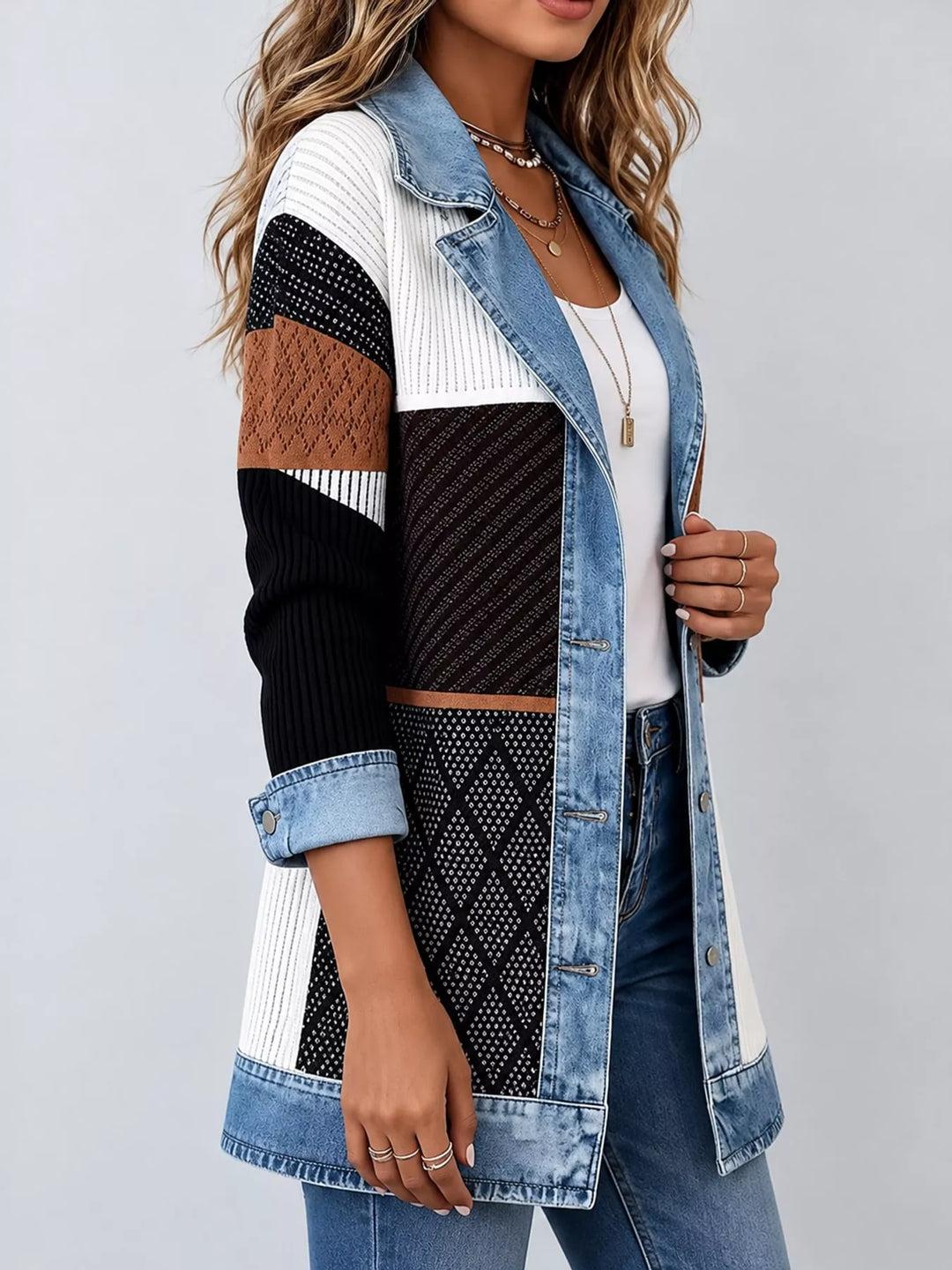 Denim-look lapel ribbed knit in colorblock, styled on model
