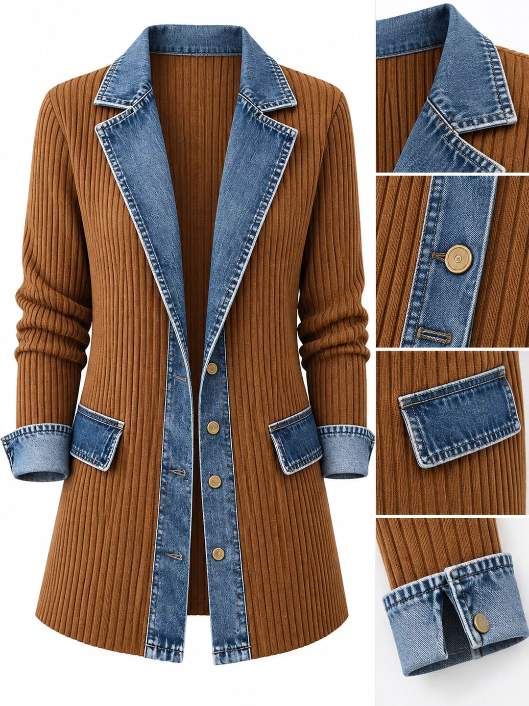 Denim-look lapel ribbed knit in khaki, close-up detail