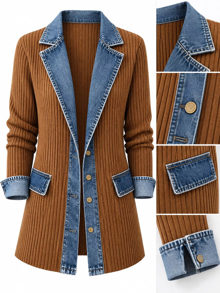 Denim-look lapel ribbed knit in khaki, close-up detail