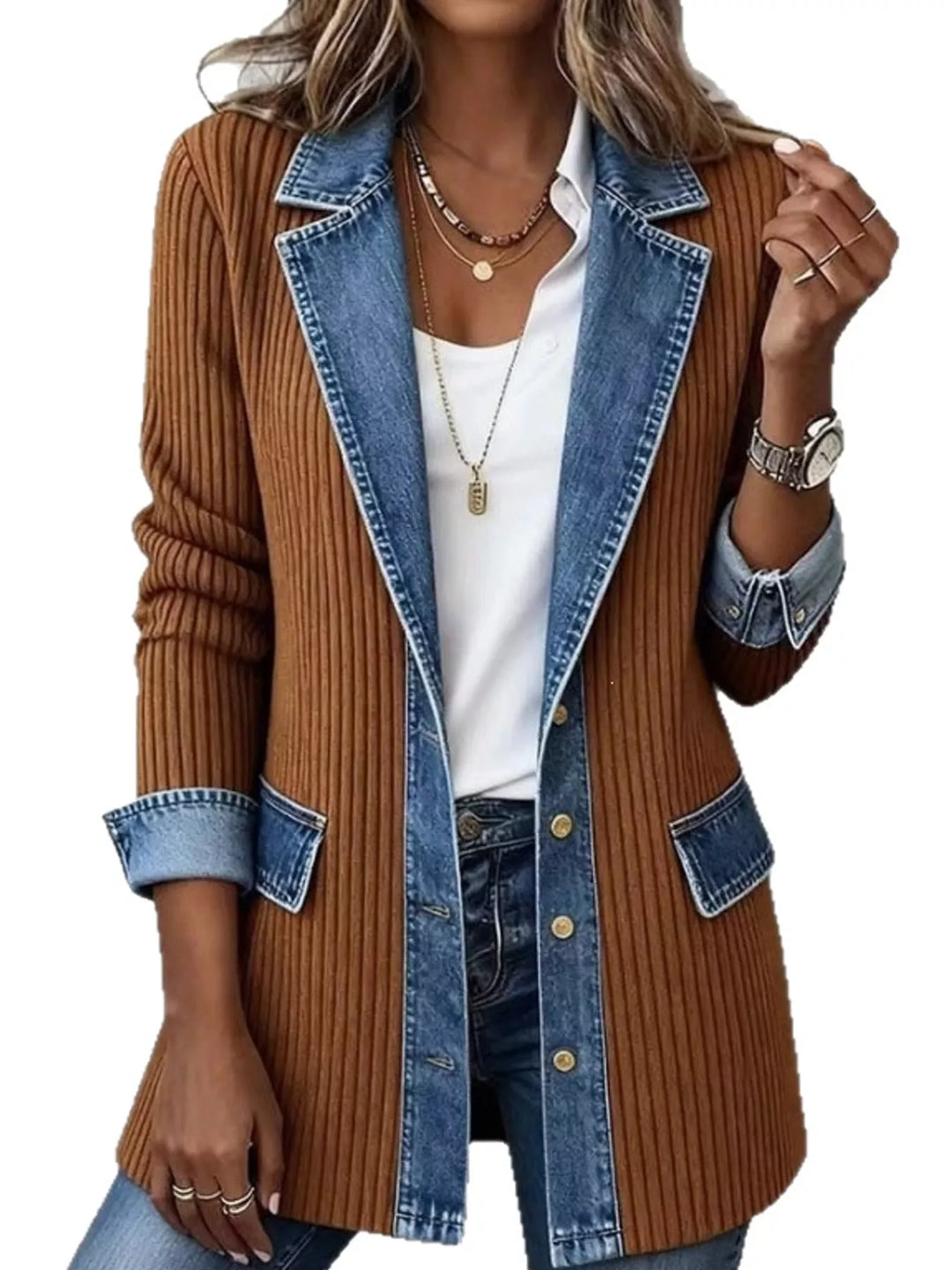 Denim-look lapel ribbed knit in khaki, front view