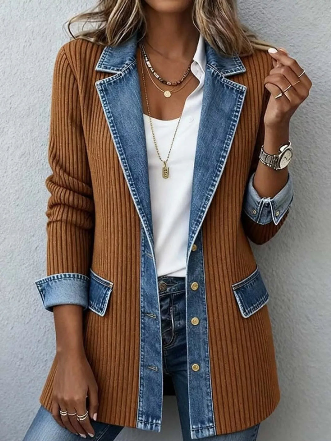 Denim-look lapel ribbed knit in khaki, styled on model