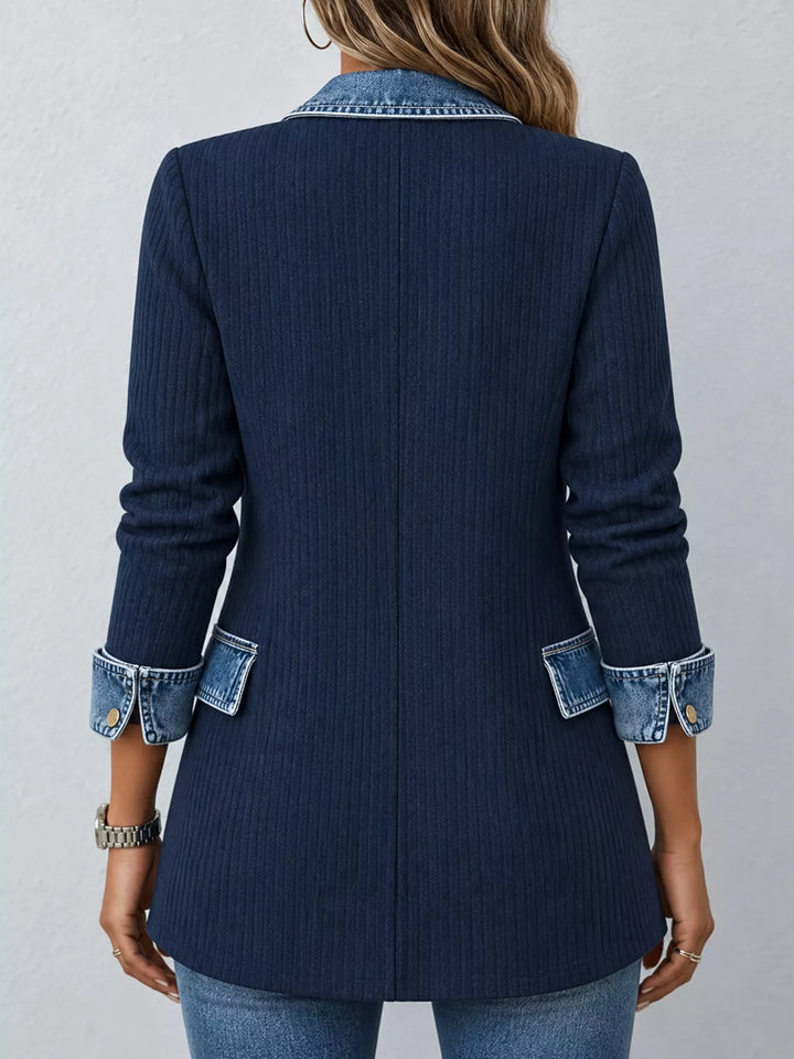 Denim-look lapel ribbed knit in navy, back view